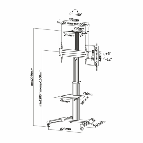AISENS - SOPORTE DE SUELO PRO CON RUEDA, BANDEJA PARA DVD Y SOPORTE DE CaMARA PARA MONITOR/TV 50KG D