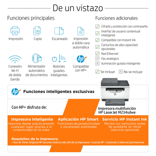 HP multifuncion laser monocromo LaserJet M234sdwe (HP+ solo consumible original, cuenta HP, conexion ***descatalogado***