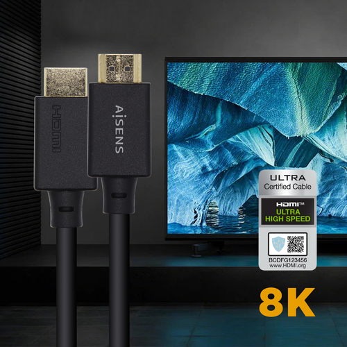 AISENS - CABLE HDMI V2.1 ULTRA ALTA VELOCIDAD / HEC CERTIFICADO 8K@60HZ 48GBPS, A/M-A/M, NEGRO, 3.0M