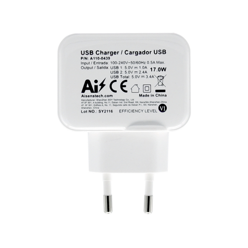 AISENS - CARGADOR USB 17W 5V/3.4A, 2xUSB CON CONTROL AI, BLANCO