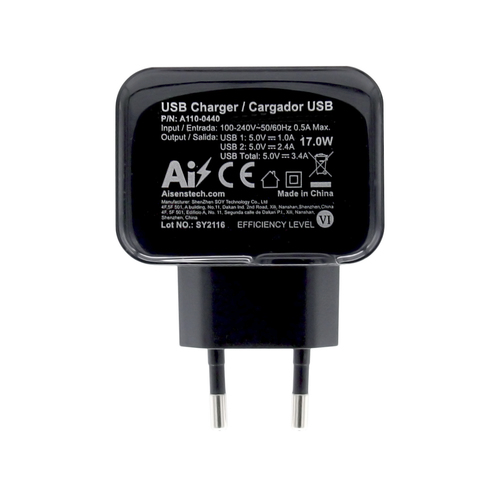 AISENS - CARGADOR USB 17W 5V/3.4A, 2xUSB CON CONTROL AI, NEGRO