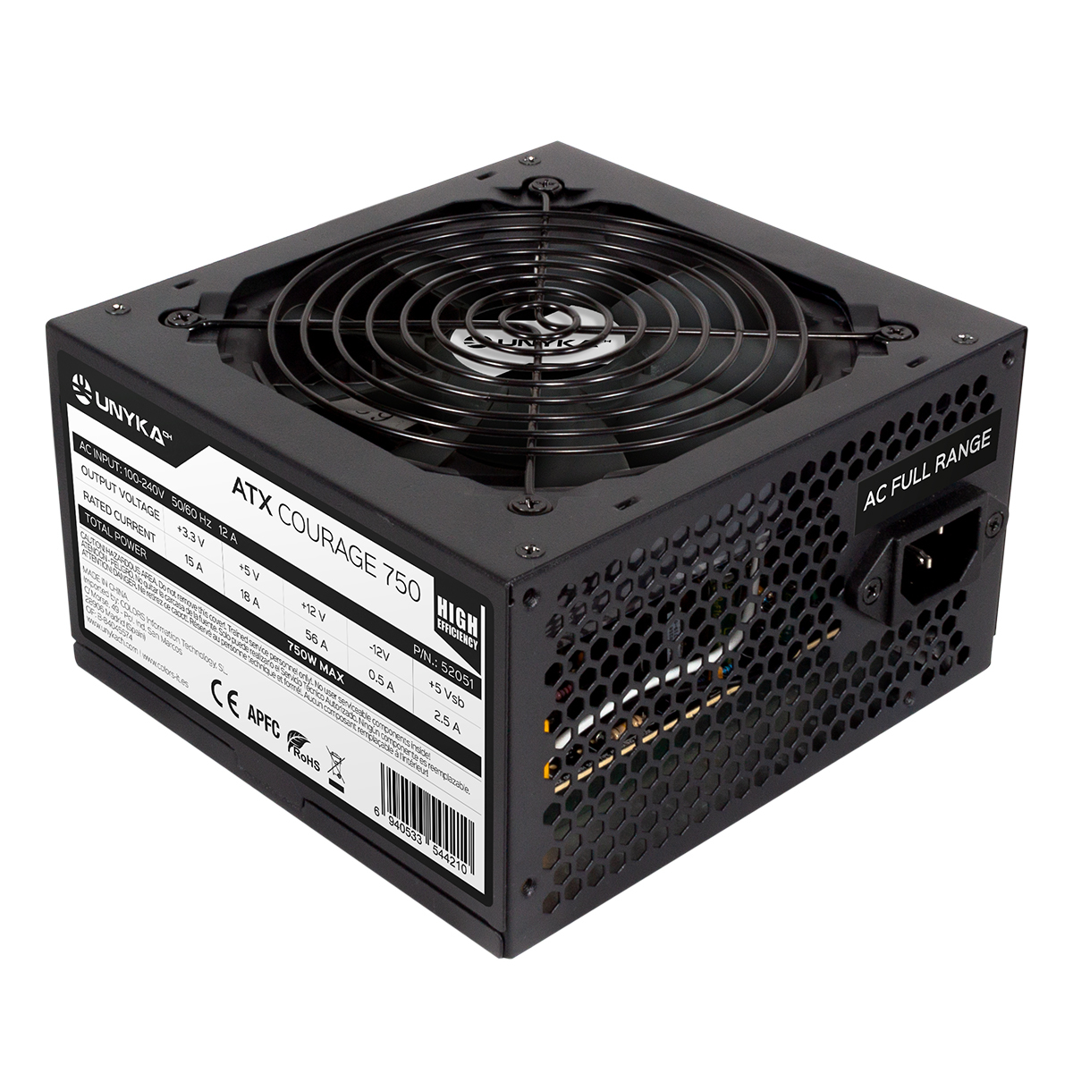 UNYKACH Fuente de alimentacion COURAGE ATX 750W GAMING APFC AC/100-240V FULL RANGE