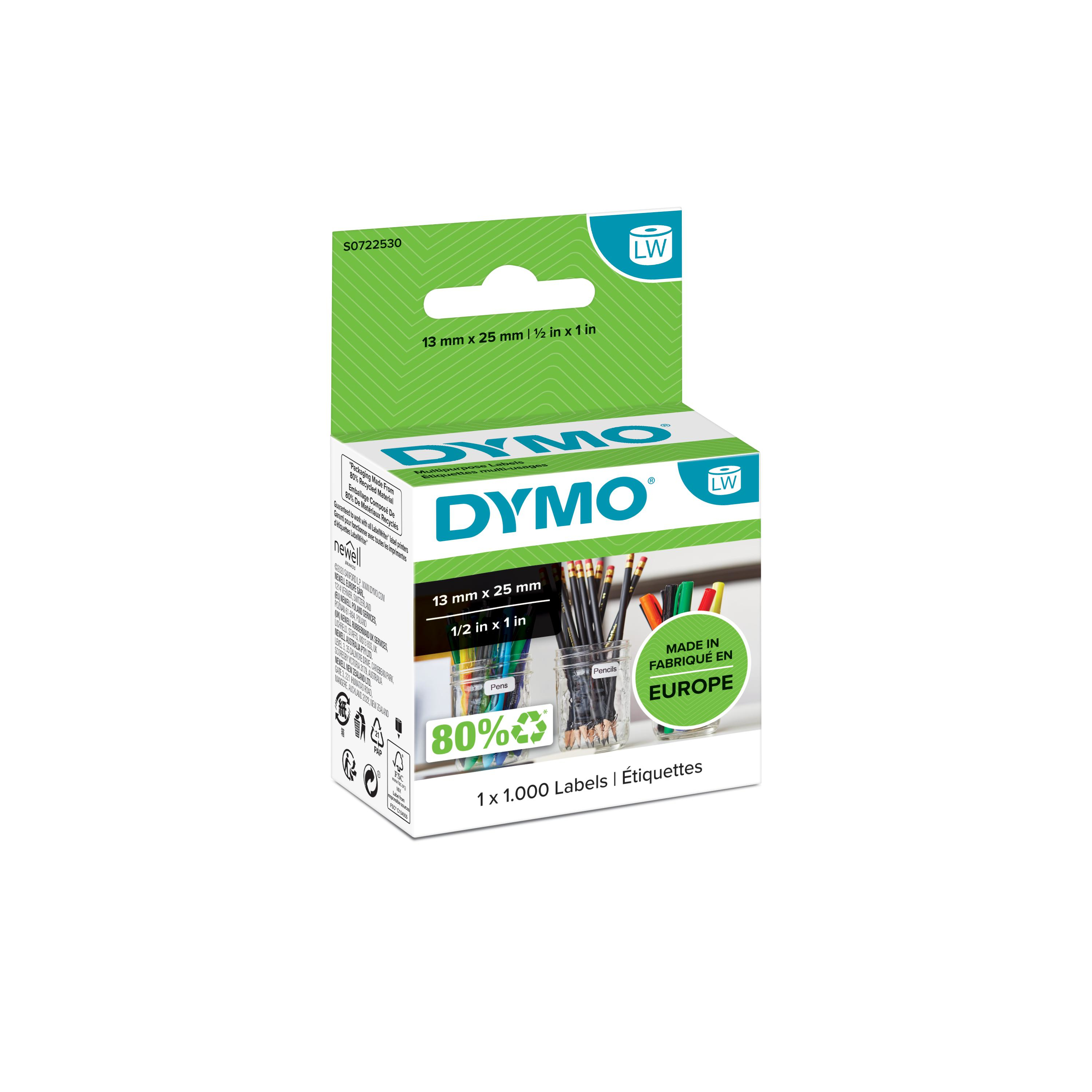 DYMO Etiqueta LW multifunción 25X13mm, 1 rollo etiquetas (1000)
Papel blanco