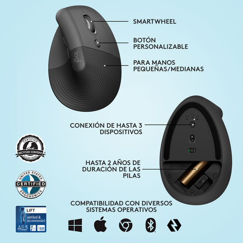LOGITECH Raton Inalambrico 6 botones Ergonomico, Vertical, Videojuegos