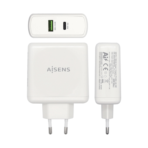AISENS - CARGADOR 48W 1xUSB-C PD3.0 30W 1xUSB-A QC3.0 18W BLANCO