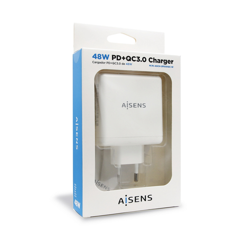 AISENS - CARGADOR 48W 1xUSB-C PD3.0 30W 1xUSB-A QC3.0 18W BLANCO