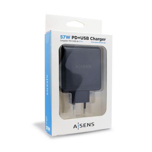 AISENS - CARGADOR 57W 1xUSB-C PD3.0 45W 1xUSB-A 5V/2.4A 12W NEGRO