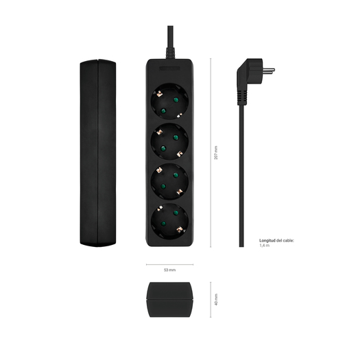 AISENS Base multiple 4 tomas sin interruptor con cable 3x1.5mm2, negro, 1.4m