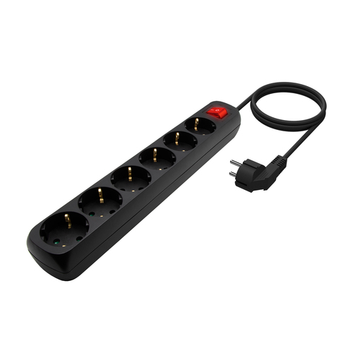 AISENS Base multiple 6 tomas con interruptor con cable 3x1.5mm2, negro, 1.4m