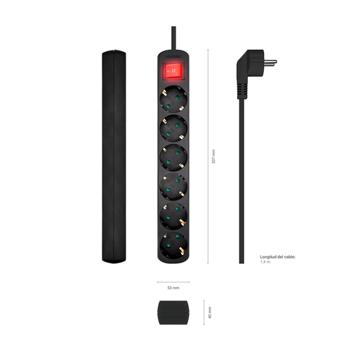 AISENS Base multiple 6 tomas con interruptor con cable 3x1.5mm2, negro, 1.4m