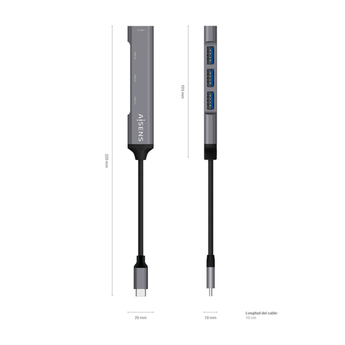 AISENS HUB USB 3.1 USB-C aluminio, USB-C/M-4xtipo A/H, gris, 10cm