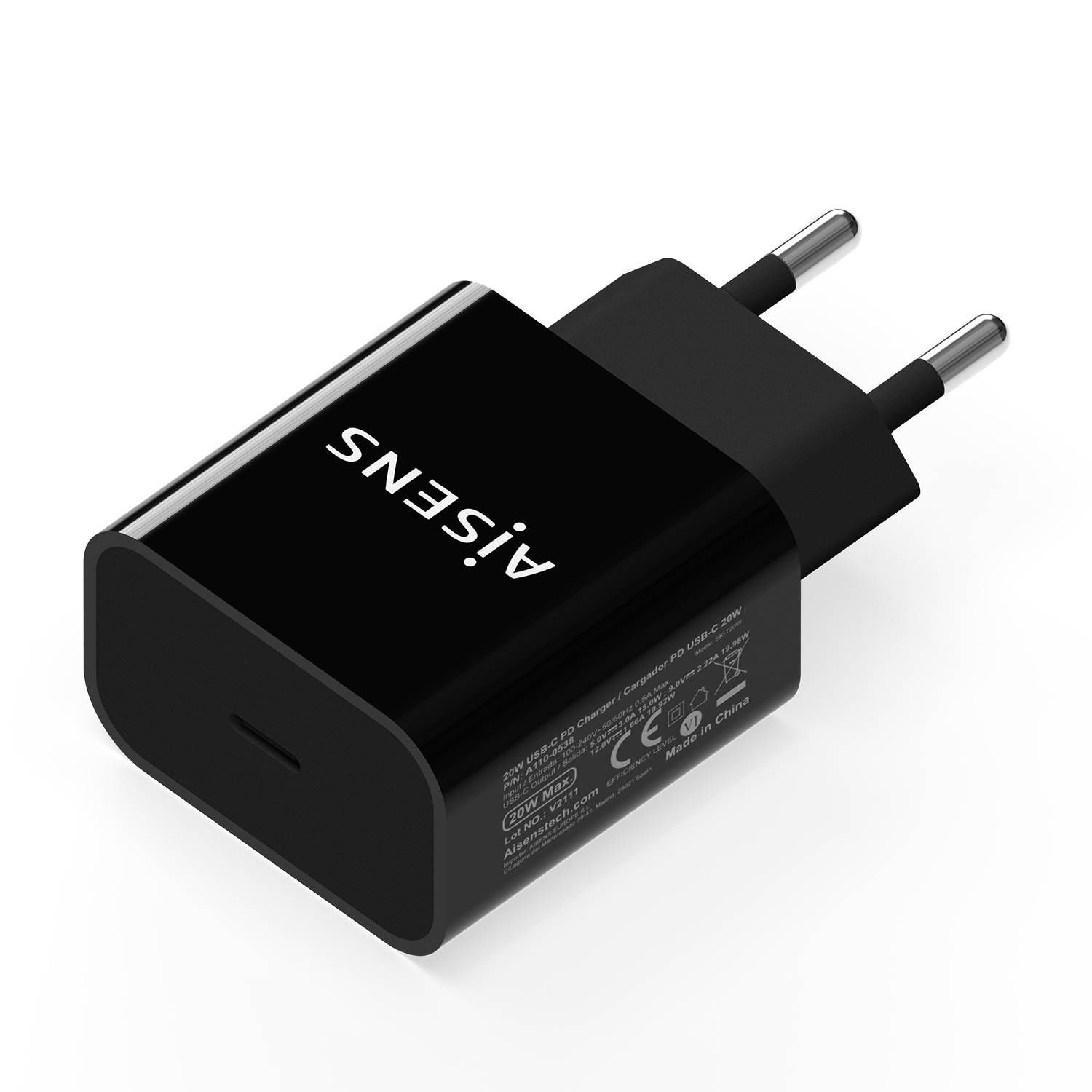 AISENS Cargador USB-C PD 20W, 5V/3A 9V/2.2A 12V/1.66A, negro