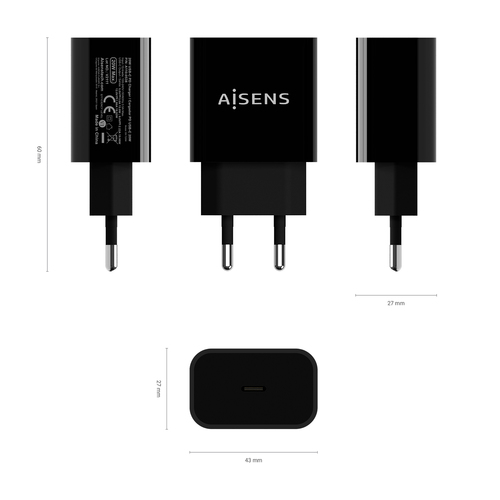 AISENS Cargador USB-C PD 20W, 5V/3A 9V/2.2A 12V/1.66A, negro