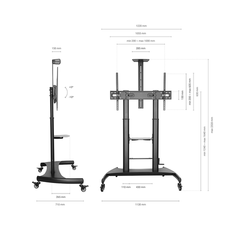 AISENS - SOPORTE DE SUELO ECO CON RUEDAS Y MANIVELA, BANDEJA PARA DVD Y SOPORTE DE CAMARA PARA MONIT