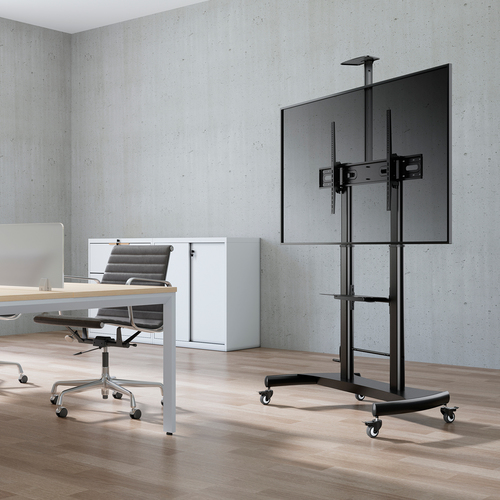 AISENS - SOPORTE DE SUELO ECO CON RUEDAS Y MANIVELA, BANDEJA PARA DVD Y SOPORTE DE CAMARA PARA MONIT