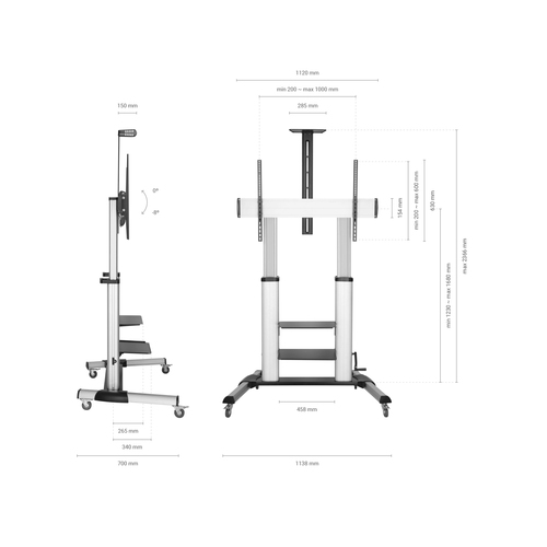 AISENS - SOPORTE DE SUELO PRO CON RUEDAS Y MANIVELA, BANDEJAS PARA DVD Y SOPORTE DE CAMARA PARA MONI