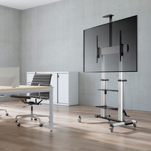 AISENS - SOPORTE DE SUELO PRO CON RUEDAS Y MANIVELA, BANDEJAS PARA DVD Y SOPORTE DE CAMARA PARA MONI