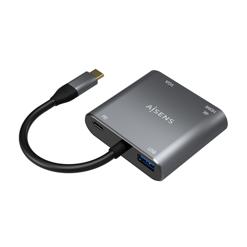 AISENS - CONVERSOR USB-C A VGA/HDMI 4K/USB3.0/USB-C PD, USB-C/M-VGA/H-HDMI/H-USB-A/H-USB-C/H, GRIS, 15CM