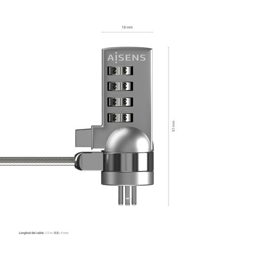 AISENS CABLE DE SEGURIDAD T-LOCK CON CERRADURA DE COMBINACION PARA ORDENADOR, MONITOR, PORTATIL 1.5M