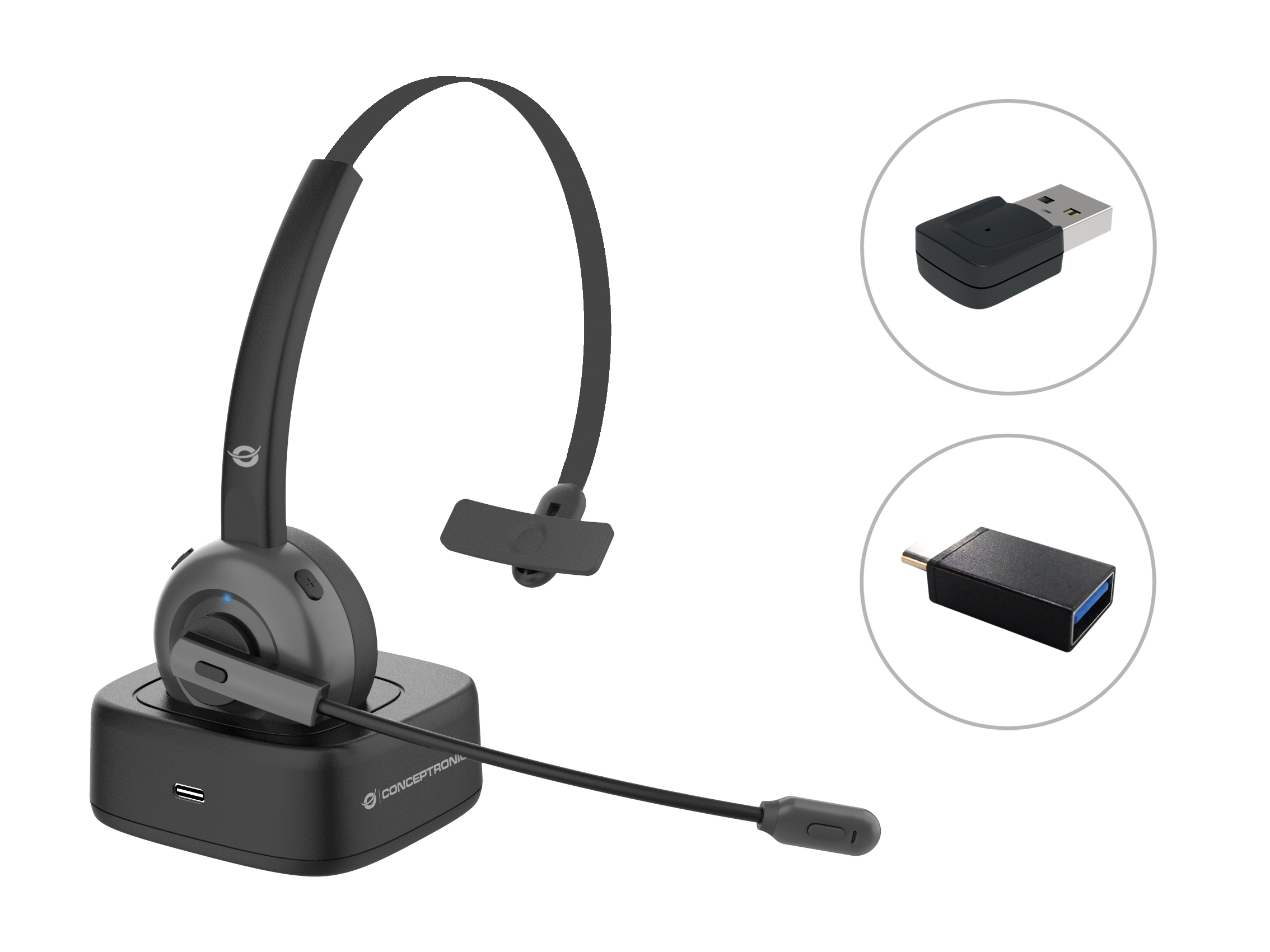 CONCEPTRONIC AURICULAR  BLUETOOTH 5.0 CON BASE DE CARGA ADAPTADOR BLUETOOTH INCLUIDO POLONA03BDA
