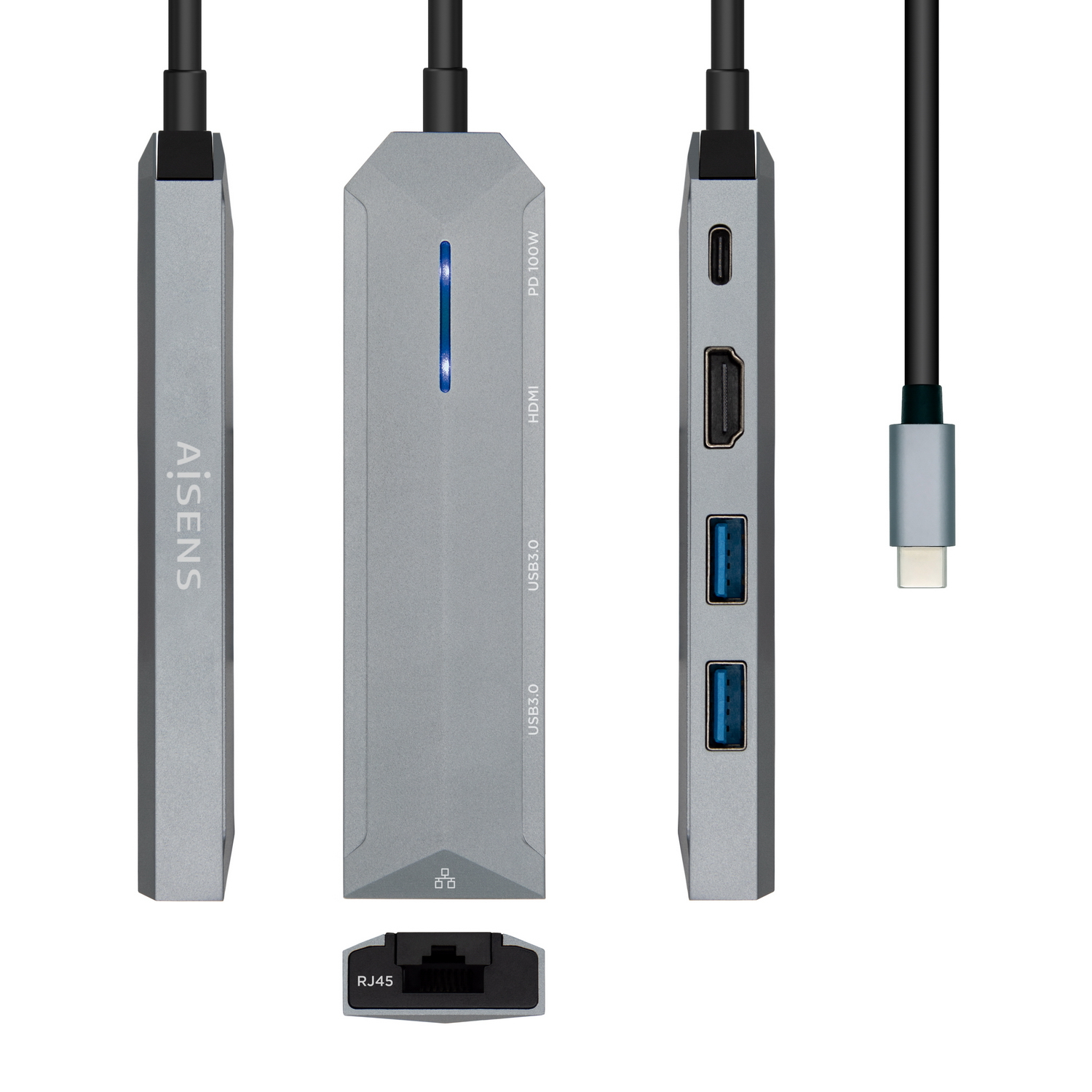 AISENS - USB-C DOCK 5 EN 1, USB-C A 1xHDMI, 1xRJ45, 2xUSB, 1xPD, GRIS, 15CM