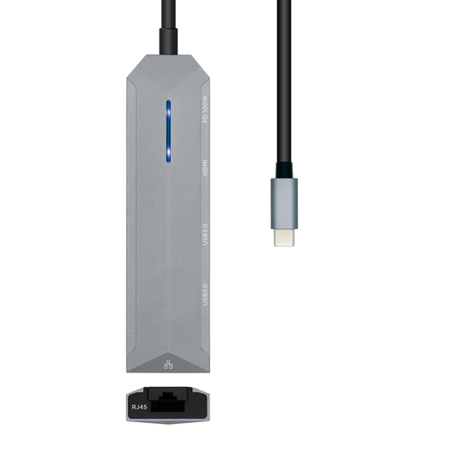 AISENS - USB-C DOCK 5 EN 1, USB-C A 1xHDMI, 1xRJ45, 2xUSB, 1xPD, GRIS, 15CM