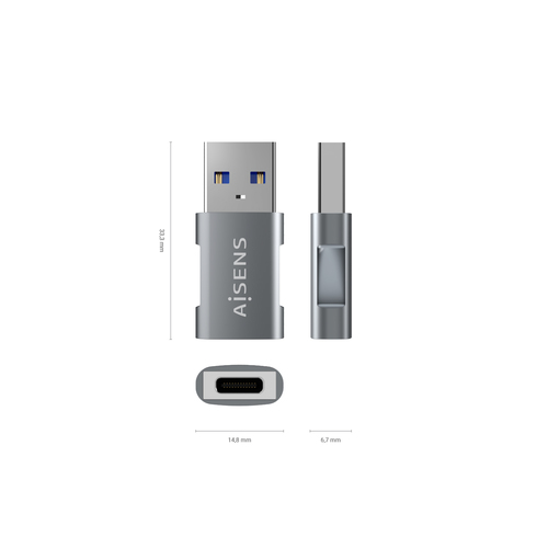 AISENS - MINI ADAPTADOR USB 3.2 GEN2 10G 3A, TIPO USB-C/H-A/M, GRIS