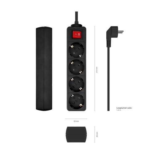 AISENS - BASE MULTIPLE 4 TOMAS CON INTERRUPTOR CON CABLE 3x1.5MM2, NEGRO, 1.4M