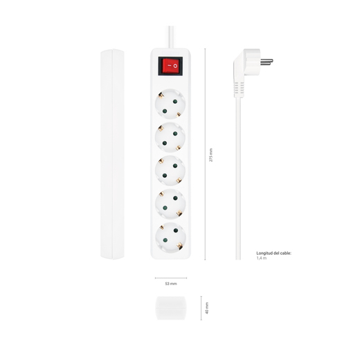 AISENS - BASE MULTIPLE 5 TOMAS CON INTERRUPTOR CON CABLE 3x1.5MM2, BLANCO, 1.4M