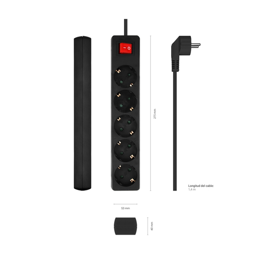 AISENS - BASE MULTIPLE 5 TOMAS CON INTERRUPTOR CON CABLE 3x1.5MM2, NEGRO, 1.4M