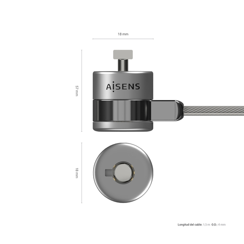 AISENS - CABLE DE SEGURIDAD T-LOCK CON CERRADURA DE LLAVE PARA ORDENADOR, MONITOR, PORTATIL 1.5M