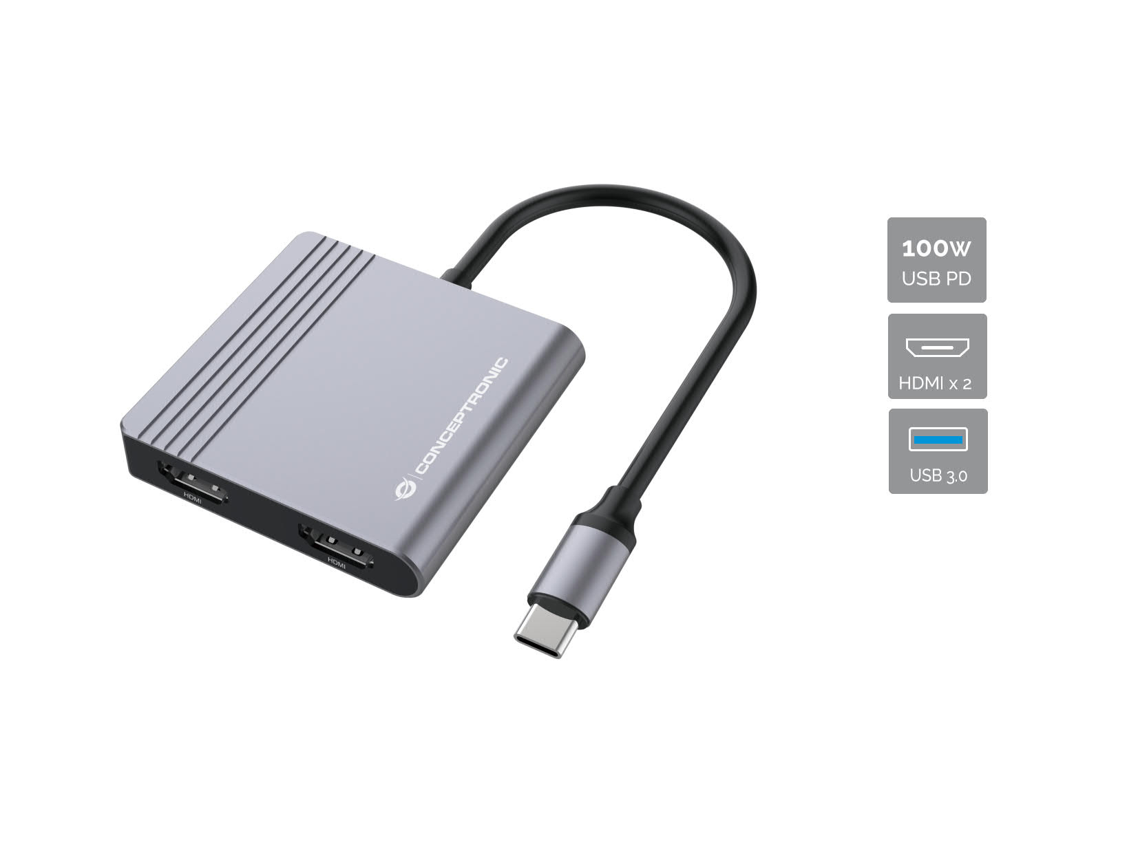 CONCEPTRONIC ADAPTADOR USB-C 4EN1 DONN013 HDMI X2 USB-C PD 100W USB 3.0