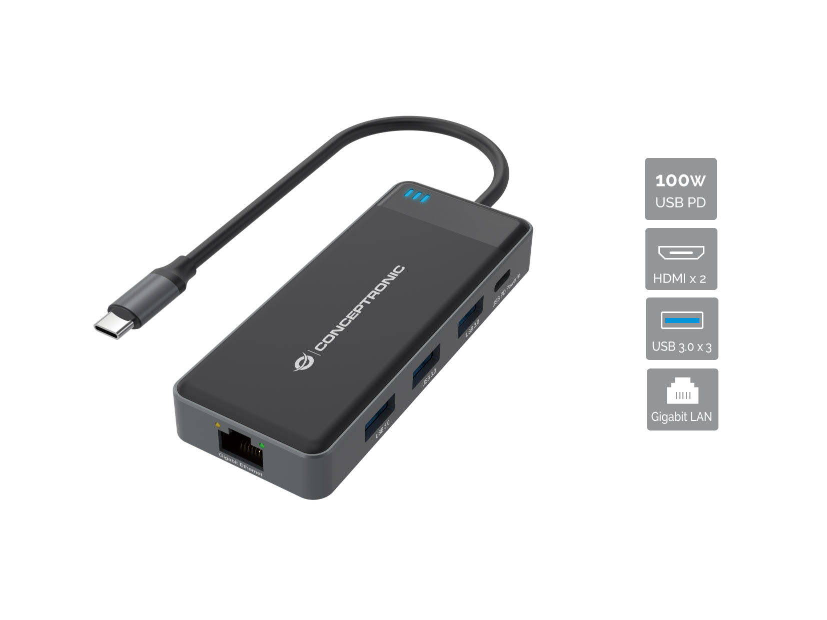 CONCEPTRONIC ADAPTADOR USB-C 7IN1 HDMIx2 USB-C PD 100W USB-A RJ45 GIGABIT DONN14G