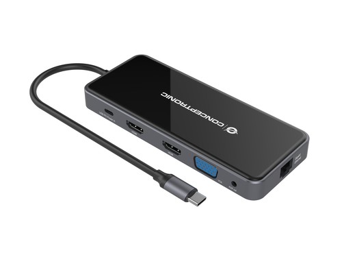 CONCEPTRONIC ADAPTADOR USB-C 12IN1 HDMIx2 VGA USB-C DATOS USB-A AUDIO LAN GIGABIT LECTOR DE TARJETAS DONN15G