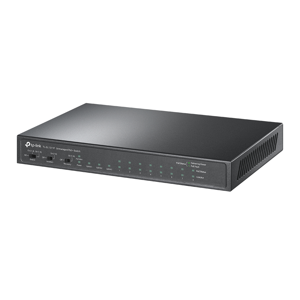 TP-LINK 8-Port 10/100Mbps + 3-Port Gigabit Desktop Switch with 8-Port PoE+ PORT: 8× 10/100 Mbps PoE+ Ports, 2× Gigabit Non-PoE Ports, 1× Gigabit SFP S