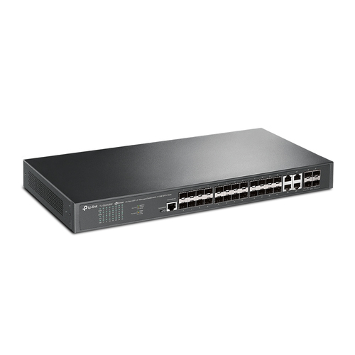TP-LINK Switch gestionado JetStream™ L2+ de 24 puertos SFP a Gbps  con 4 ranuras SFP+ 10GE PUERTO: 20× puertos Gigabit SFP, 4× puertos combinados Giga