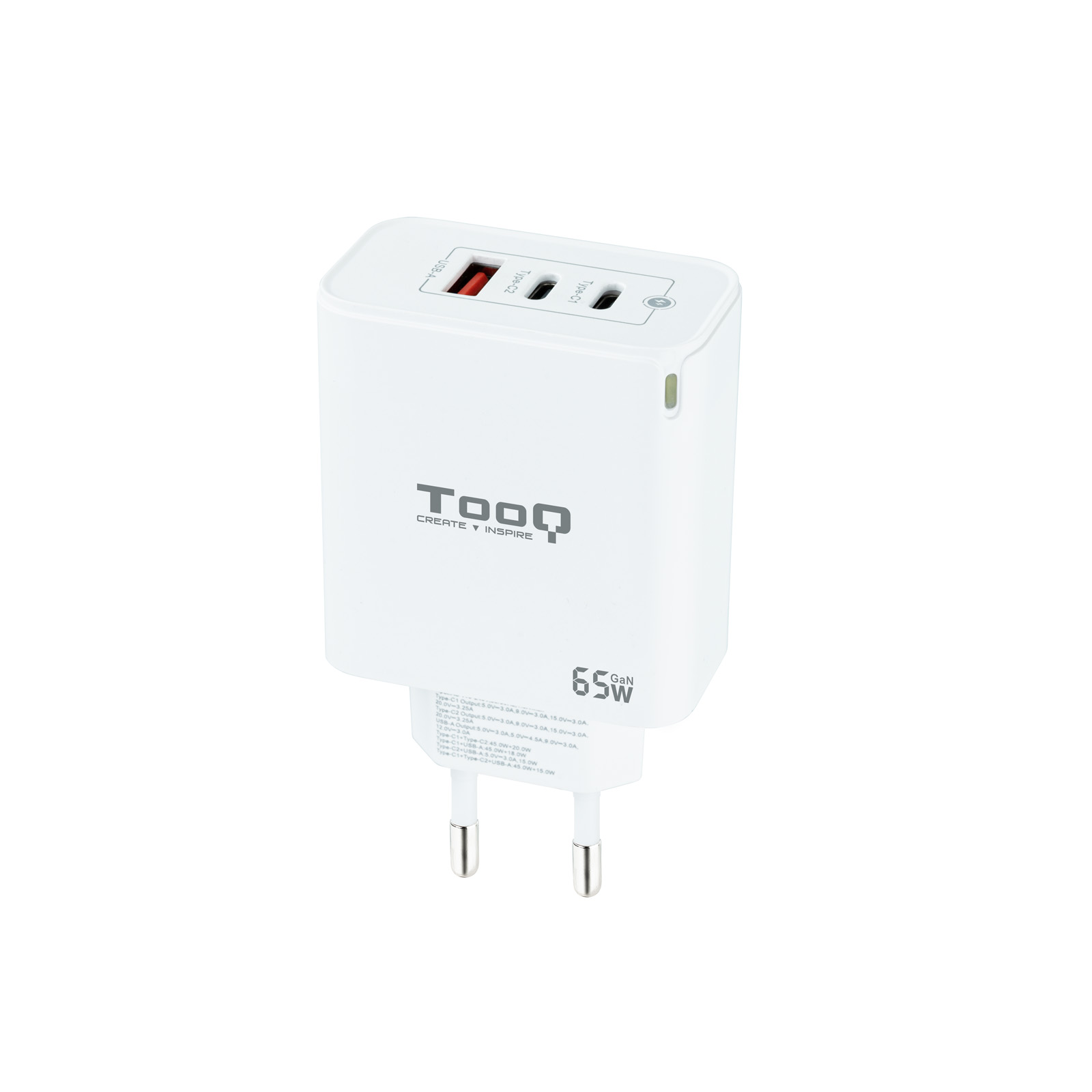 TOOQ CARGADOR DE PARED GaN 2USB-C/PD + USB-A/QC 65W
