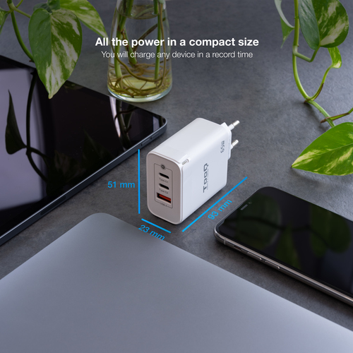 TOOQ CARGADOR DE PARED GaN 2USB-C/PD + USB-A/QC 65W