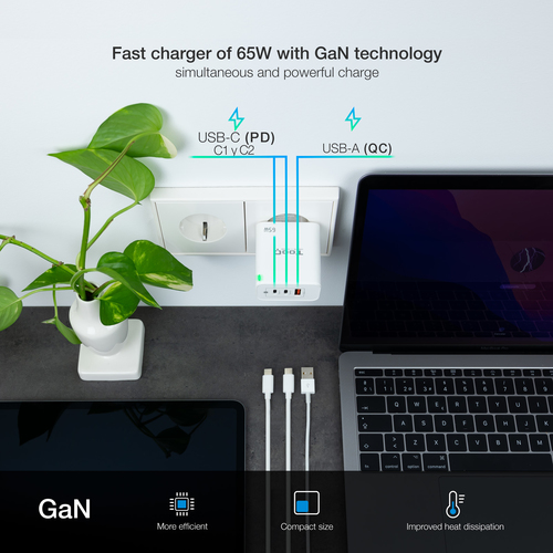 TOOQ CARGADOR DE PARED GaN 2USB-C/PD + USB-A/QC 65W