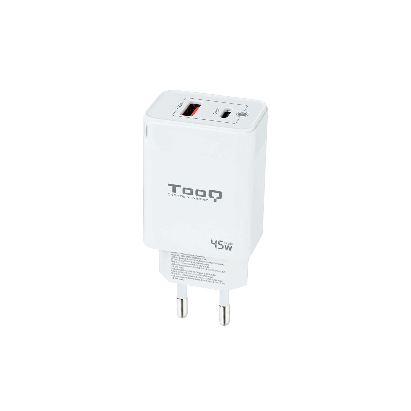 TOOQ CARGADOR DE PARED GaN USB-C/PD + USB-A/QC 45W