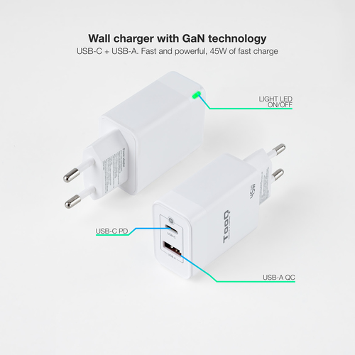 TOOQ CARGADOR DE PARED GaN USB-C/PD + USB-A/QC 45W