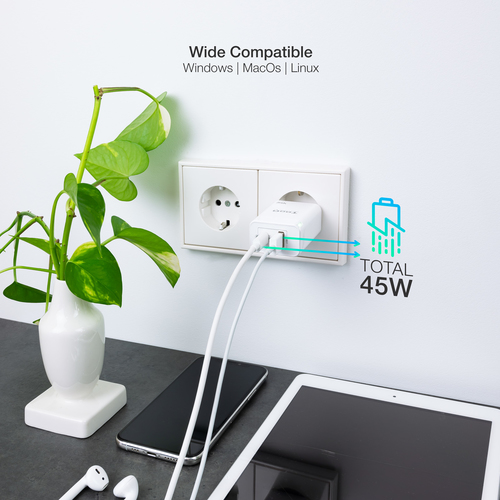 TOOQ CARGADOR DE PARED GaN USB-C/PD + USB-A/QC 45W