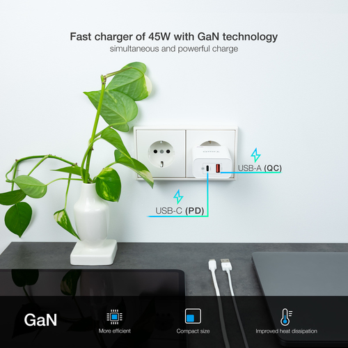 TOOQ CARGADOR DE PARED GaN USB-C/PD + USB-A/QC 45W