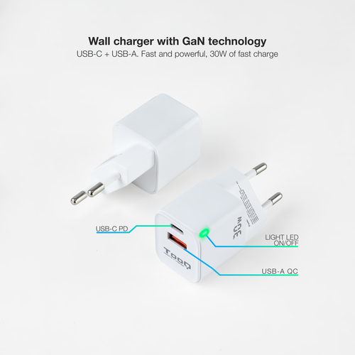 TOOQ CARGADOR DE PARED GaN USB-C/PD + USB-A/QC 30W