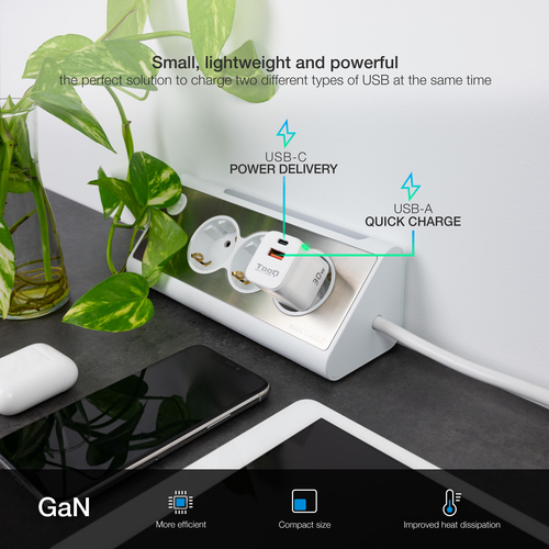 TOOQ CARGADOR DE PARED GaN USB-C/PD + USB-A/QC 30W