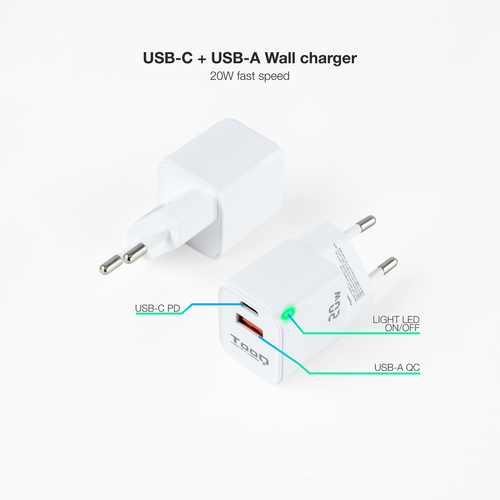 TOOQ CARGADOR DE PARED USB-C/PD + USB-A/QC 20W
