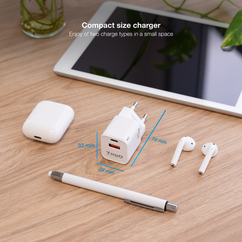 TOOQ CARGADOR DE PARED USB-C/PD + USB-A/QC 20W