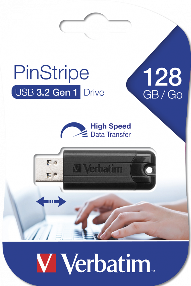 VERBATIM PENDRIVE PINSTRIPE 128GB HIGH SPEED RETRACTIL USB 3.2 NEGRO