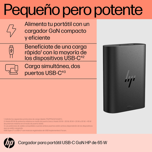 HP Cargador de portatil USB-C 65W DOS PUERTOS USB-C