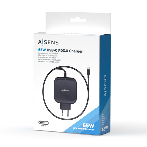 AISENS - CARGADOR 65W PD3.0 QC3.0 1XUSB-C 1.2M, NEGRO